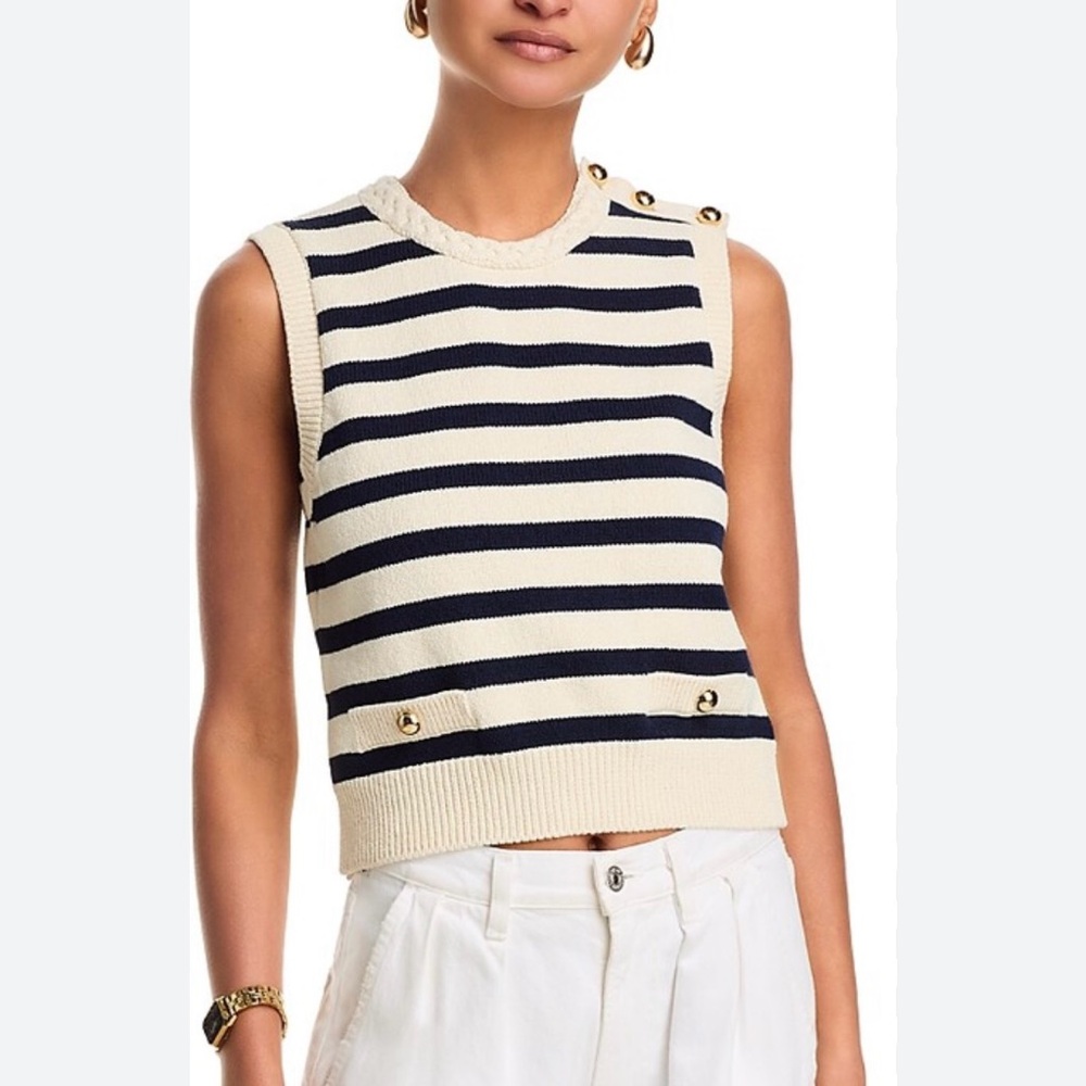 Frame The Harbor Vest Stripped Sleeveless Knit Top - Navy and Cream size XS
